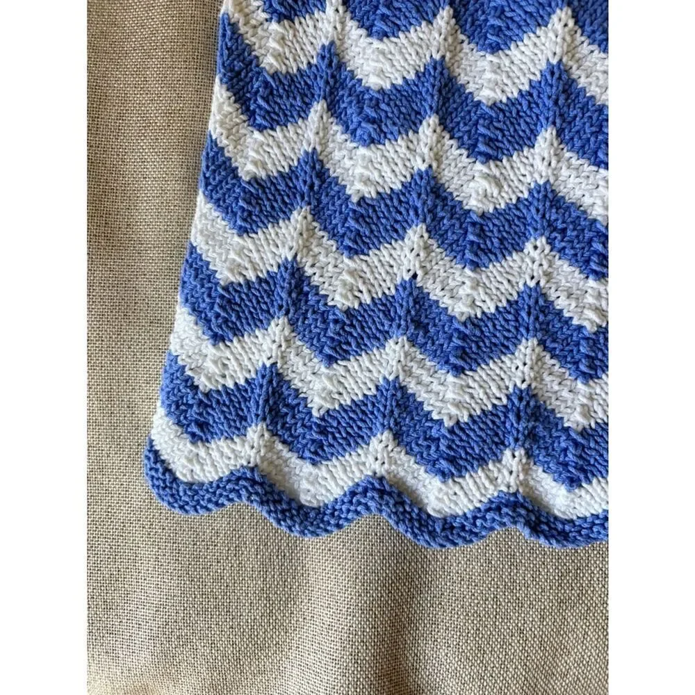 Vintage 1960s Hand Knit Baby Dress Blue White Chevron 9-12M